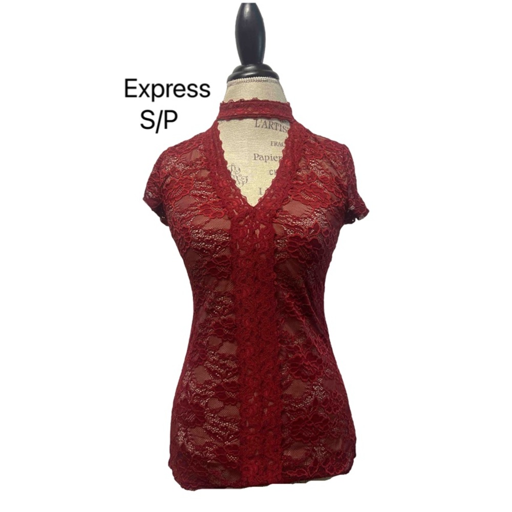 Express short sleeve small red/burgundy lace with nude lining top/blouse